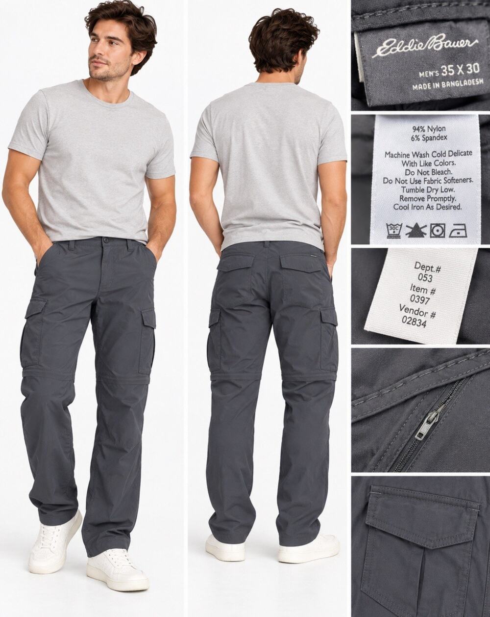 Gorpcore Eddie Bauer Men's Convertible Cargo Pants Size 35x30 Gray Nylon Hiking